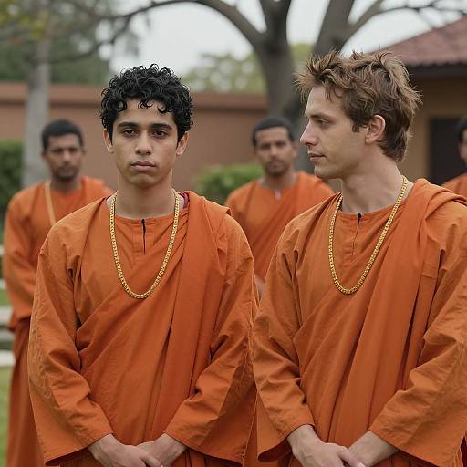 Two Men in Orange Robes in Garden