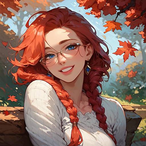 Smiling Red-Haired Woman in Autumn Garden