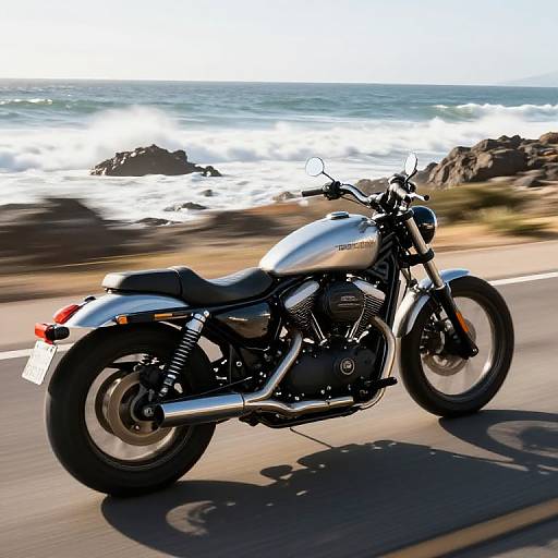 Photograph of a silver Harley-Davidson motorcycle speeding along a coastal road with crashing waves and rocky shoreline in the background.
