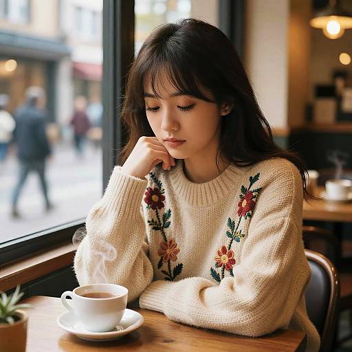 Photograph of an Asian woman with long black hair, wearing a beige floral knit sweater, sitting at a café window, gazing down, steaming