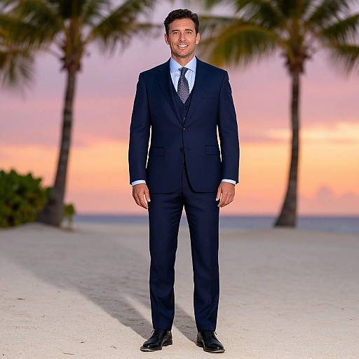 Photograph of a smiling, medium-build man in a dark navy suit, light blue shirt, and tie, standing on a sandy beach with palm trees
