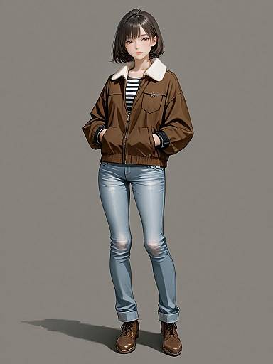 Digital anime-style drawing of a young woman with black bob haircut, wearing a brown jacket with white collar, striped shirt, blue jeans, and brown shoes