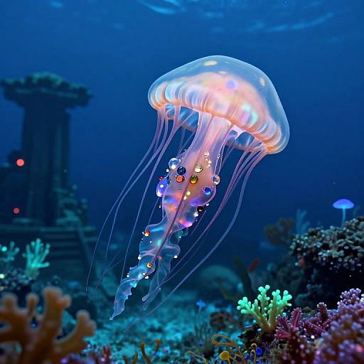 Photograph of a glowing, translucent jellyfish adorned with colorful beads, floating above a vibrant coral reef in a deep blue underwater scene.