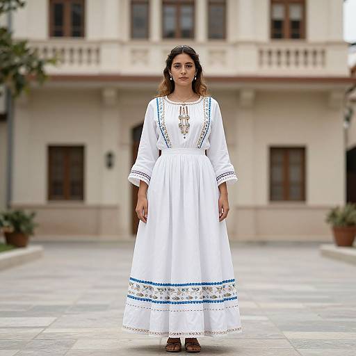 Photograph of a South Asian woman with medium brown skin, long black hair, wearing a white long-sleeved traditional dress with blue and green embroidery