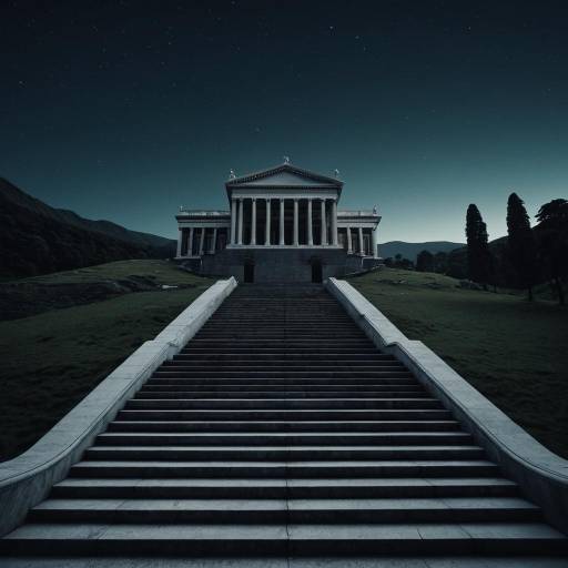 Neoclassical Library on Floating Island at Night
