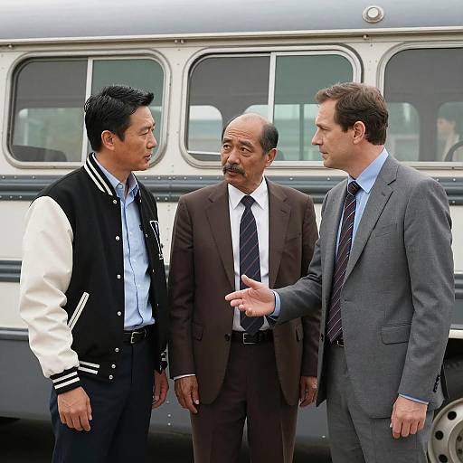 Three Men by a Vintage Bus Scene