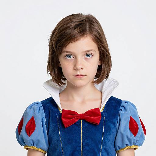 Photograph of a young girl with fair skin, short brown hair, blue eyes, wearing a blue Snow White costume with red bow and puffed blue