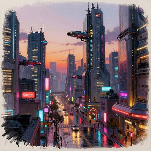 Futuristic Cyberpunk Cityscape at Dusk