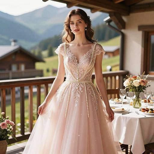 Photograph of a fair-skinned, brunette woman in a shimmering, pink, V-neck ball gown, standing on a sunlit balcony with mountain