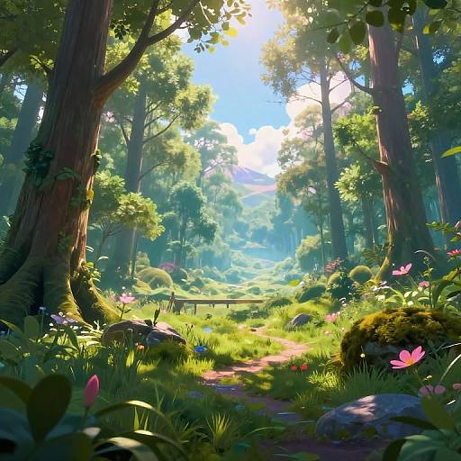 Photorealistic digital art of a sunlit, lush forest with tall trees, vibrant greenery, pink flowers, sunlight beams, and a moss-covered