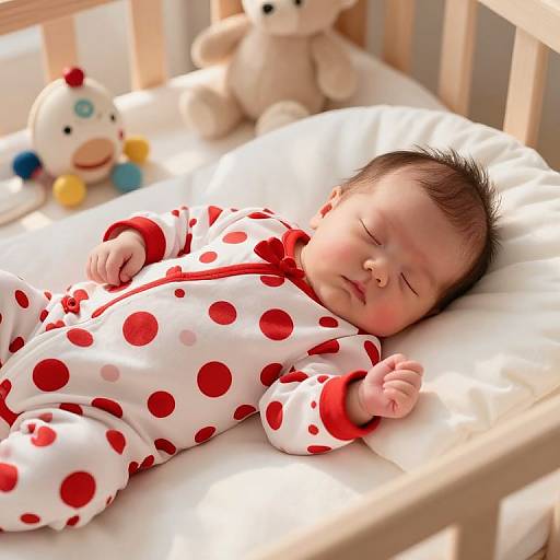 Photograph of a sleeping baby in a white and red polka dot onesie, lying in a wooden crib with stuffed toys. Sunlight casts soft