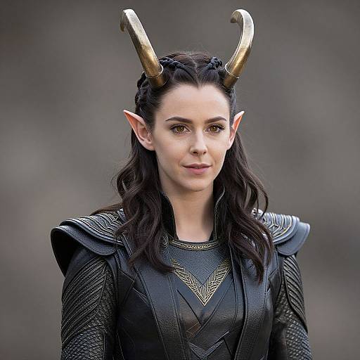Photograph of a pale-skinned, dark-haired woman with elf-like ears and golden horns, wearing black, armored fantasy attire with intricate patterns, set