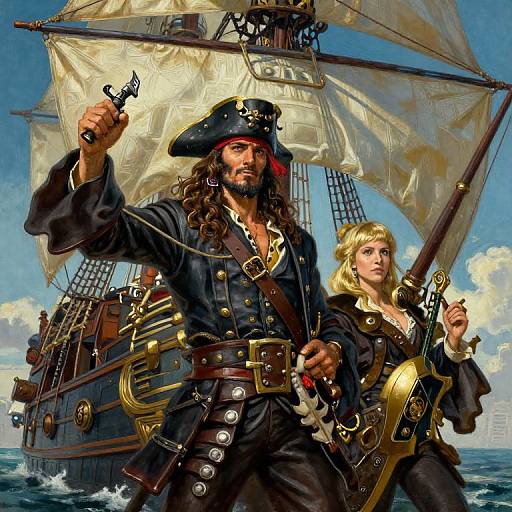 Digital painting of a muscular, bearded pirate captain with long hair, black tricorn hat, and sword, standing on a ship with a blonde woman