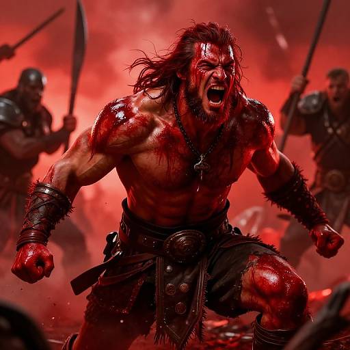 Photorealistic digital art of a muscular, shirtless warrior with bloody face and long hair, roaring in battle, surrounded by armored warriors, under a
