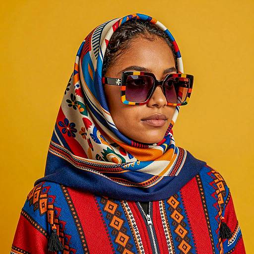 Woman in Colorful Headscarf and Sunglasses