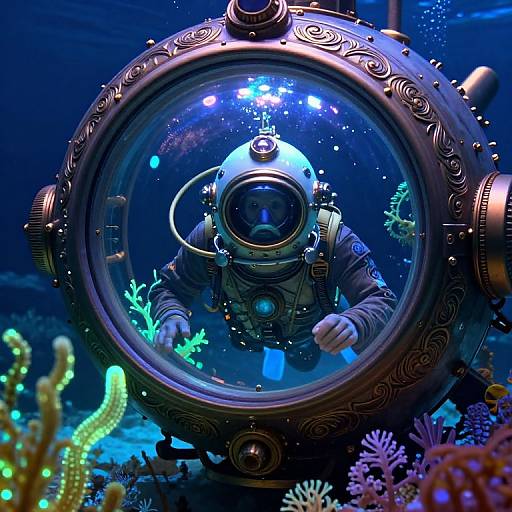 Photograph of a sci-fi-style astronaut in a ornate, glowing submarine, exploring a vibrant, colorful underwater scene with glowing corals.