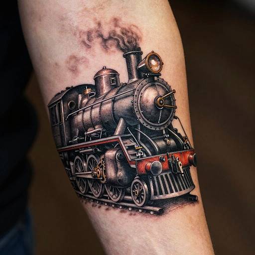 Realistic black and red steam locomotive tattoo on a human forearm, detailed with shadows and textures, emitting black smoke. Photorealistic style.