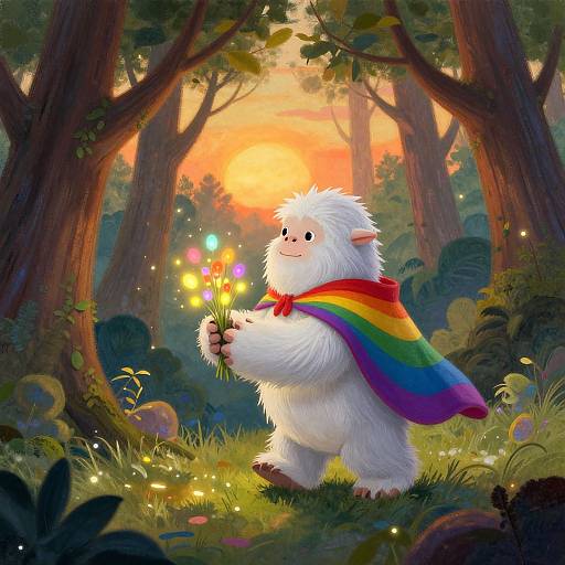 Whimsical digital illustration of a fluffy white creature with a rainbow cape holding glowing fireflies in a magical forest at sunset.
