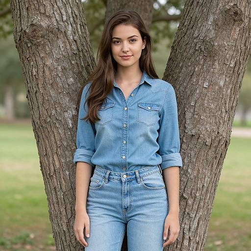 Realistic Woman in Light Blue Jeans Outdoors
