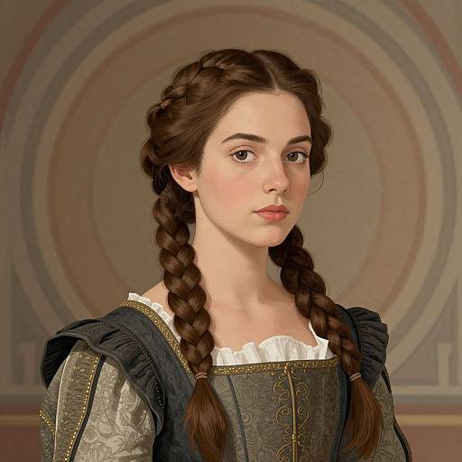 Digital artwork of a young woman with fair skin, brown eyes, and braided brown hair in Renaissance-style dress, set against a circular patterned background