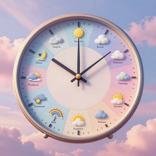 Photorealistic digital clock showing weather symbols for sun, clouds, rain, snow, and wind, set against a pink and blue sky.