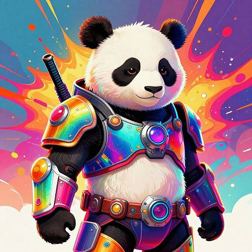 Digital art of a panda in vibrant, neon-colored armor with a sword, standing against a fiery, explosive background. Bold, colorful, and futuristic style