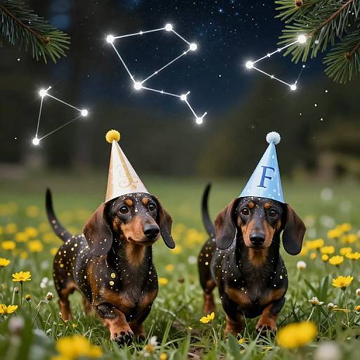 Whimsical Dachshunds in Starry Meadow