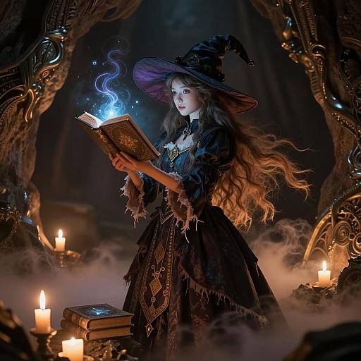 Young Witch Casting Spell in Cave