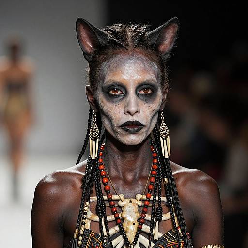 Photograph of a dark-skinned model with cat ears, black face paint, red eyes, and intricate beaded jewelry, walking down a fashion runway