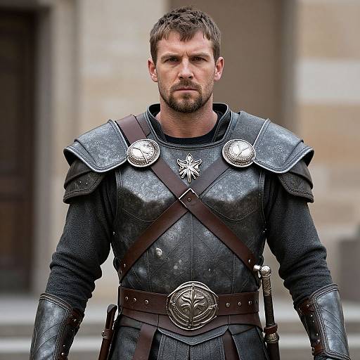 Photograph of a muscular, bearded man with short brown hair, wearing black medieval armor with silver emblems and a brown belt.