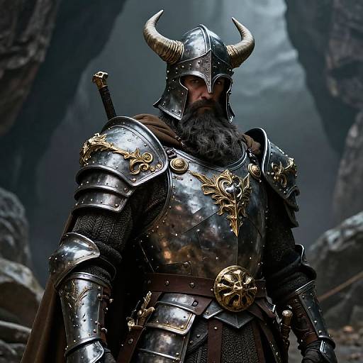 Digital artwork of a bearded, armored Viking warrior with golden horns, reflective steel armor, ornate gold accents, and a sword sheathed on his