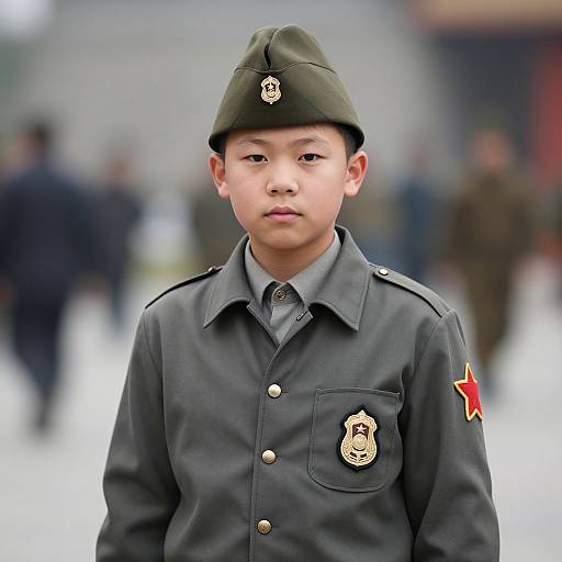 Photograph of a young Asian boy in a black military-style uniform and cap with insignia, standing outdoors, blurred background.