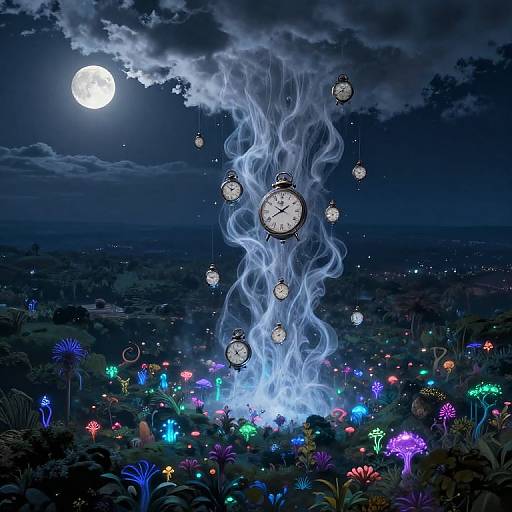 Digital fantasy artwork: Clocks floating in ethereal blue flames under a moonlit night sky, surrounded by glowing, colorful mushrooms in a dark meadow