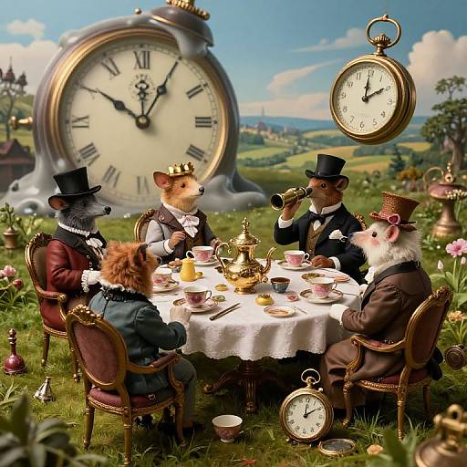 Photorealistic digital art: Four anthropomorphic animals in Victorian attire, playing tea, surrounded by oversized clocks, in a lush, whimsical garden.