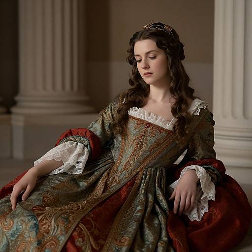 Photograph of a young woman with long, wavy brown hair in an elaborate, patterned Renaissance-era dress with lace cuffs, seated against classical columns