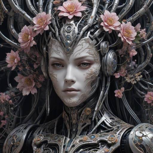 Cyberpunk Humanoid Robot with Floral Elements