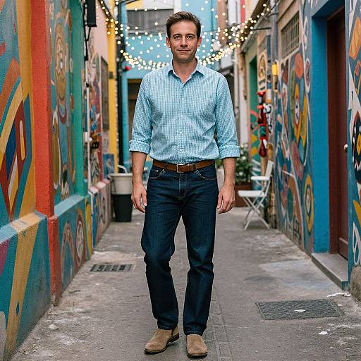 Photograph of a smiling man with short brown hair, wearing a blue checkered shirt, dark jeans, and brown shoes, standing in a vibrant,