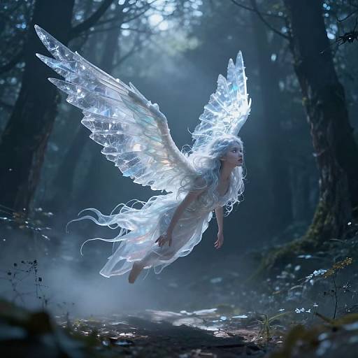 Photograph of a ethereal, glowing, white-winged woman with flowing dress, suspended mid-air in a dark, misty forest illuminated by moon