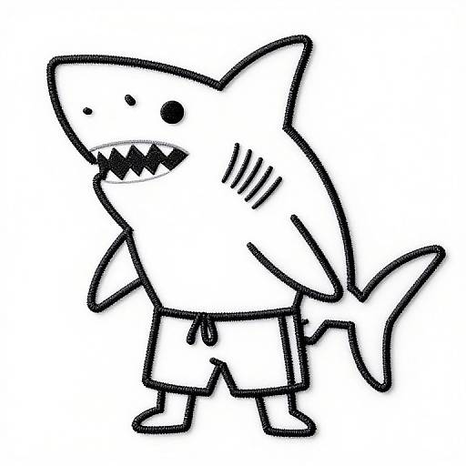 Black-and-white cartoon drawing of a cute, smiling shark wearing shorts, standing upright with a fin, simple lines, and minimal details.