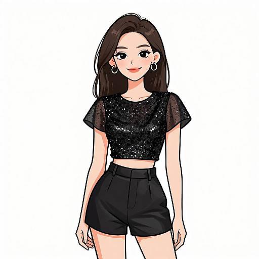 Digital anime-style drawing of a smiling young woman with long brown hair, wearing a sparkly black crop top and high-waisted black shorts, white