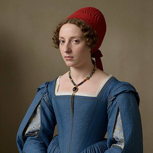 Renaissance-era portrait of a pale-skinned woman with curly brown hair, wearing a blue dress, red headdress, and beaded necklace,