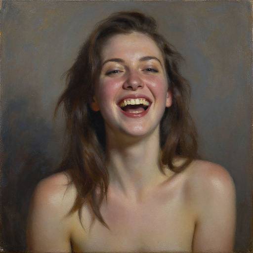 Digital painting of a smiling, topless, fair-skinned woman with brown hair, rosy cheeks, and bright teeth, against a muted gray background