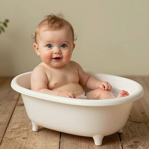 Photograph of a smiling, blue-eyed baby with light skin, in a white ceramic bathtub, sitting on wooden floor, wearing only a diaper.