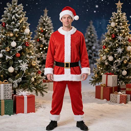 Photograph of a smiling man in a red Santa suit standing in front of decorated Christmas trees and wrapped presents on snowy ground at night.
