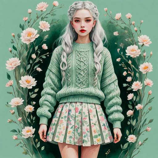 Young Woman in Pastel Goth Knitted Sweater and Floral Skirt