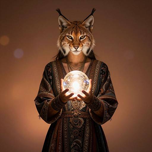 Photograph of anthropomorphic lynx with brown fur and black tufts, wearing ornate dark robe, holding glowing, spherical orb against warm, bo