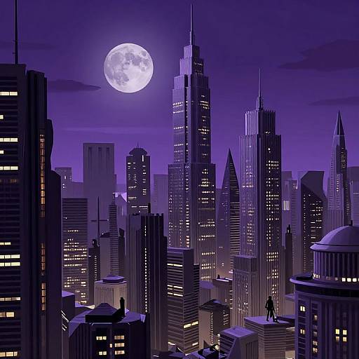 Digital illustration of a nocturnal cityscape with a glowing full moon, tall skyscrapers, and a lone figure standing on a rooftop. Purple and