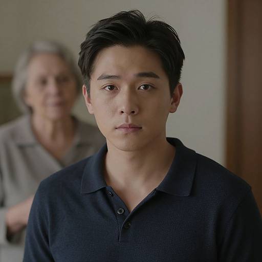 Photograph of a serious East Asian man with short black hair in a black polo, blurred elderly man in gray shirt behind him. Indoor setting, neutral