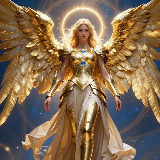 Digital artwork of a golden-winged angelic woman with flowing blonde hair, wearing radiant gold armor and a white gown, halo glowing behind her. Blue