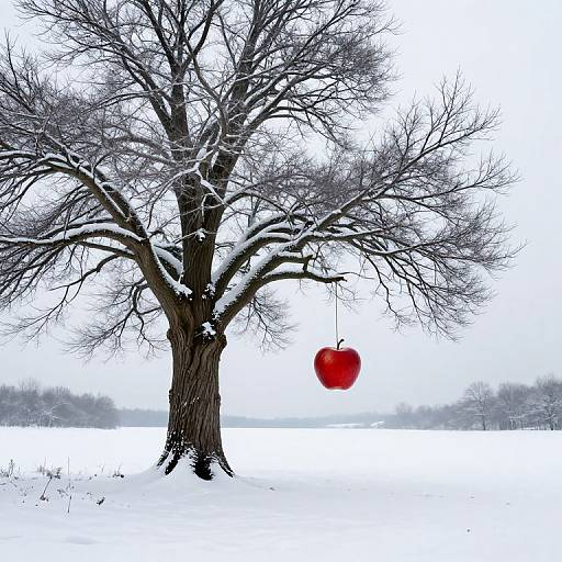 Photograph of a snow-covered, leafless tree with a single red apple hanging from a branch, set against a white, wintry landscape.